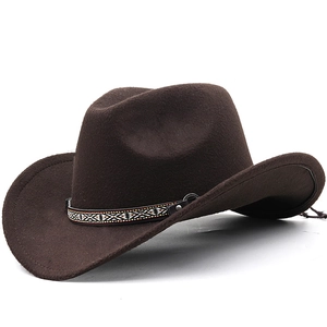 Western Cowboy Hat Wide Brim Felt Fedora Vintage Ethnic Geometric Band Adjustable Jazz Cap For Men Women