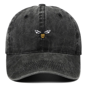 Vintage washed dark grey cotton baseball cap with detailed bee embroidery on front