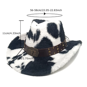 Western cowboy hat with cow print, leather band, bull head ornament, and measurements