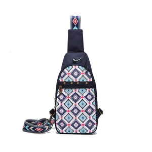 Detail of navy blue crossbody bag with Aztec geometric pattern and headphone port