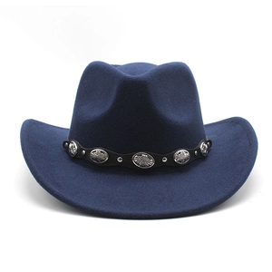 Detail of navy wool felt cowboy hat featuring black leather belt with silver metal buckles