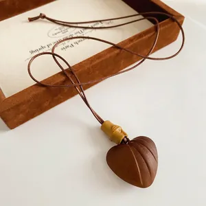 Heart Pendant Necklace Wood Bamboo Bead Retro Ethnic Style Long Sweater Chain For Women Vintage Accessory