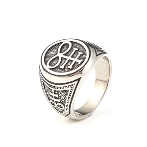 Macro view of Leviathan Cross symbol on vintage stainless steel gothic signet ring