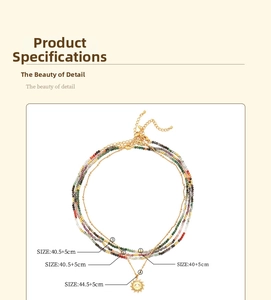 Detail view of multi-layer beaded necklace set with sun pendant and size parameters