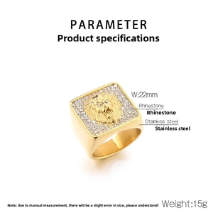 Detail of gold-plated lion head signet ring for men featuring sparkling crystal inlay