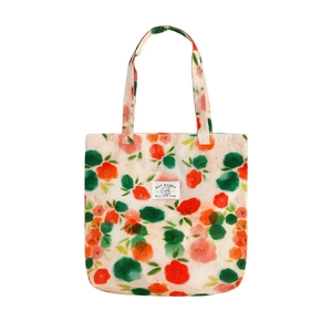 Floral canvas tote bag with watercolor flower print and dual handles on white background
