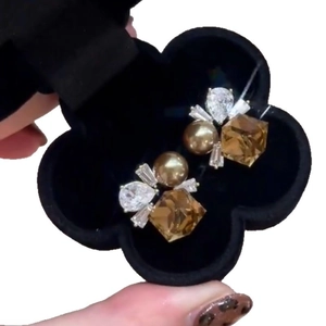 French vintage geometric gold stud earrings with square stones and white pearls in box