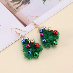 Christmas tree earrings with green plush design and colorful beads on gold fishhook