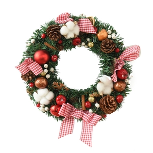 35cm Christmas wreath with red bow, pine cones, cotton balls and ornaments on white background
