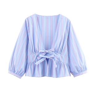 Women stripe shirt with bow waist and V-neck in light blue and pink vertical patterns