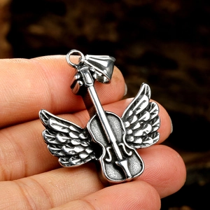 Punk style stainless steel violin pendant with wings and vintage finish for men
