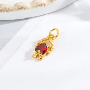 Detailed view of a gold-plated charm pendant featuring a boy/girl figure with a red heart gem