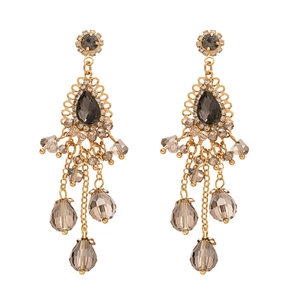 Boucles d'oreilles vintage dorées avec pierres grises en goutte d'eau et perles de cristal