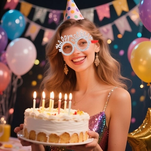 Detail of silver glitter Happy Birthday glasses frame worn by a model in party setting