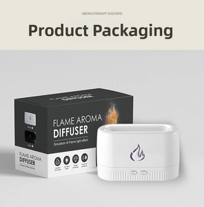 White flame humidifier with packaging box showing mist and aromatherapy functions