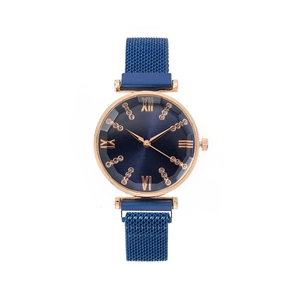 Women's rose gold watch with deep blue sunray dial and magnetic Milanese strap