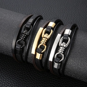 Men Multi-layer Braided Leather Bracelet Stainless Steel Metal Magnetic Clasp Vintage Punk Casual Fashion Jewelry