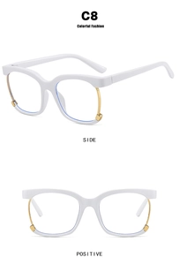 Detail of square white fashion frames with gold curved metal accents and square hinges