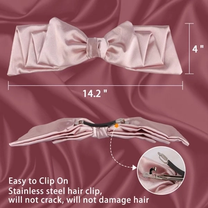 Detailed view of pink satin bow hair clip with stainless steel clip and size dimensions