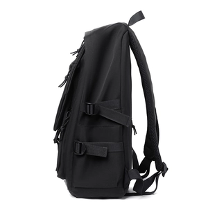 Black large capacity minimalist backpack with adjustable side buckles and mesh side pocket