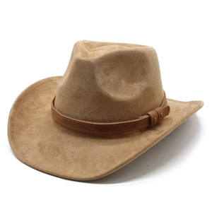 Khaki suede cowboy fedora hat with brown leather band and metallic rivets on white background