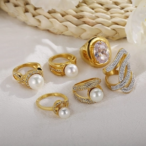 Gold Plated Stainless Steel Ring With Large Faux Artificial Pearl And Shiny Zircon Trendy Hollow Out Layered Finger Ring