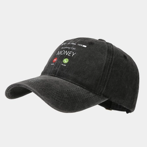 Detail of vintage grey washed baseball cap with money incoming call graphic print