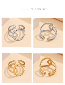 Detail showing minimalist geometric stainless steel rings in silver and gold finishes