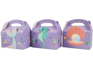 Detailed view of three purple mermaid themed gift boxes with seahorse and shell prints