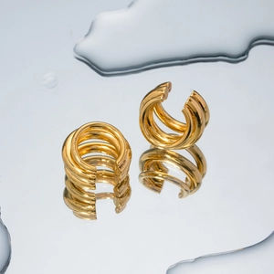 Modern 18K gold plated stainless steel triple layer ear cuffs with polished mirror finish