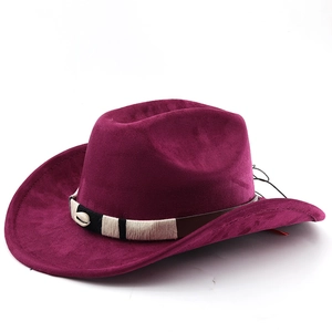 Close-up of wine red faux suede cowboy hat featuring woven rope and seashell ornament