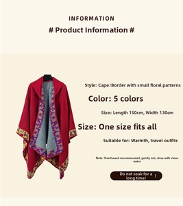 Detailed size information of hooded ethnic cape with floral trim and dimensions 150x130cm