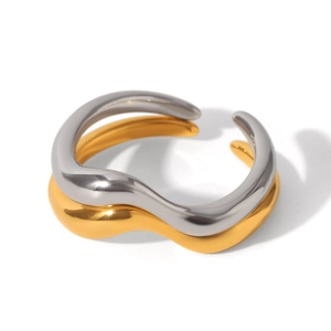 Minimalist wavy double layer open ring in two-tone gold and silver finish
