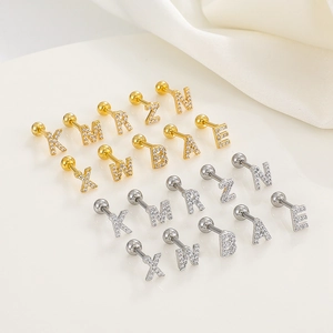 Macro shot of assorted gold and silver zircon-inlaid alphabet screw back ear studs