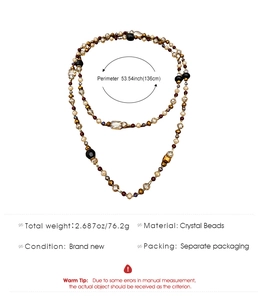 Macro view of crystal beaded long necklace with 136cm length and 76.2g weight details