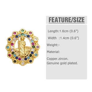 Macro detail of gold-plated saint pendant with colorful zircon stones and dimensions