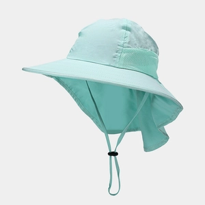 Detail of light green quick-dry sun hat showing breathable mesh and neck protection