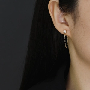 Elegant gold flower tassel earrings with S925 silver chain and sparkling crystals on model
