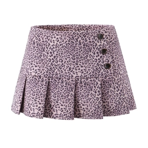 Mini-jupe plissée à imprimé léopard avec taille haute et boutons décoratifs sur le côté