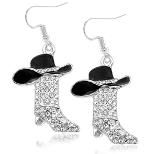 Western cowboy boot and hat drop earrings in silver finish with black enamel and zircons