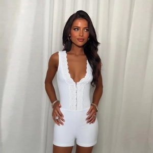Sleeveless white lace romper with deep V-neck and slim fit for sports and yoga