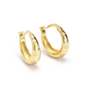 Polished S925 sterling silver chunky hoop earrings with engraved star and zircon accents