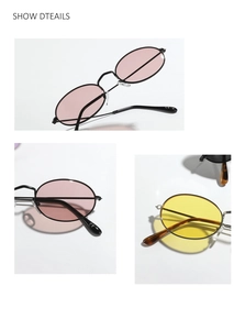 Detalle de gafas de sol ovales retro mostrando montura metálica y marcado de la CE