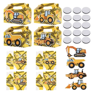 Construction party favor boxes set with excavators, stickers, and tags for kids