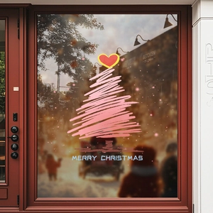 Pink hand-drawn Christmas tree window sticker with red heart and Merry Christmas text