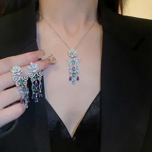 Collana E Orecchini Fiore Rosa Farfalla Con Nappine Gioielli Con Zircone Colorato Perno In Argento Rame Vintage Lusso