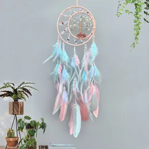 Bohemian dream catcher with tree of life crystal and soft feathers wall hanging decor
