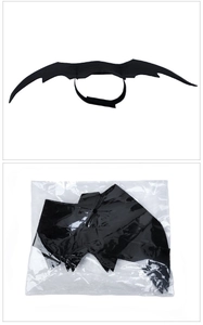 Detail of black pet bat wings with adjustable straps and foldable packaging view