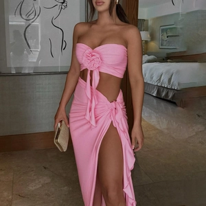 Women 3D Flower Strapless Tube Top And High Slit Ruched Maxi Skirt Outfit Sexy Slim Fit Polyester Spandex