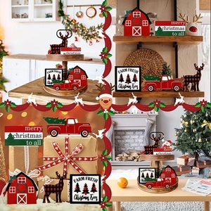 Rustic wooden Christmas tiered tray decor set featuring festive farm fresh tree signs